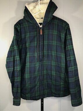 L.L.Bean Scotch  Plaid Flannel Hoodie Women's Green Navy sz LG Sherpa Lined